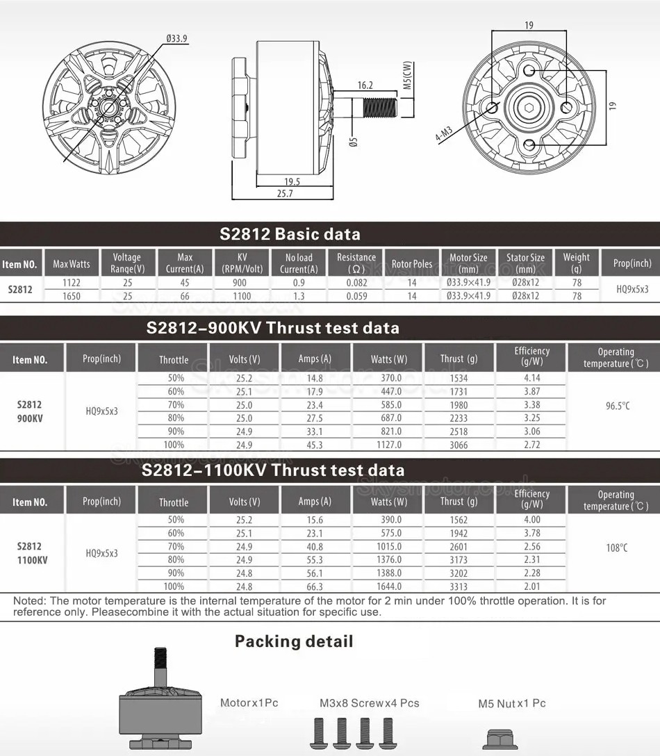 SURPASS Hobby S2812 900KV /1100KV Brushless Drone Motor (compatible HQ9x5x3 Prop) for RC FPV Racing Drone